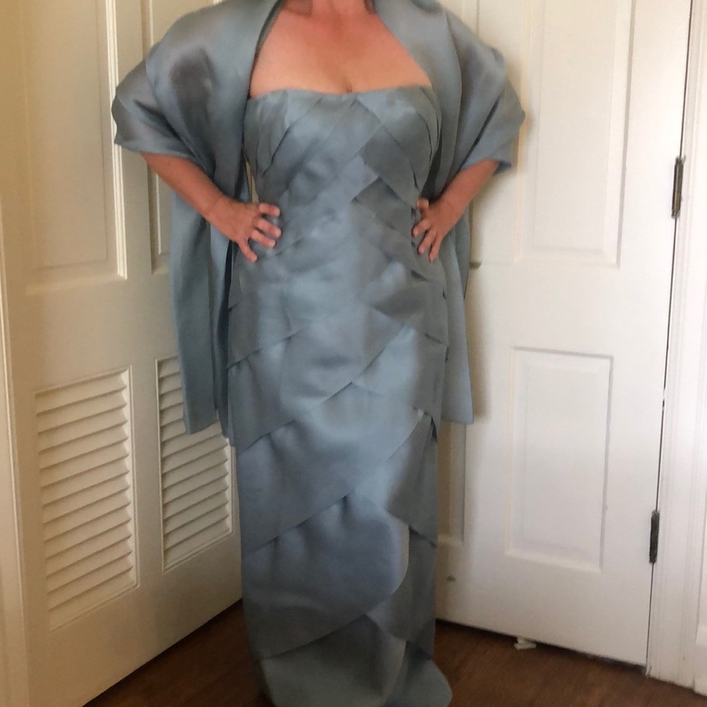 Chetta B pale blue strapless ball gown with matching wrap